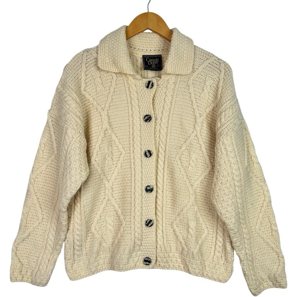 Carraig Donn Ireland 100% Wool Aran Cable Knit Cardigan Sweater Ivory S